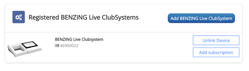 Clubsystem management card in Club Settings with the list of registered devices and the Add button